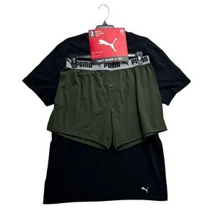 Puma Mens 2 Pack Lounge Set Knit Boxer‎ and Tee Black Green Medium